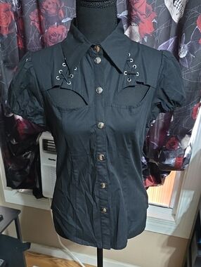 Killstar Black Lace-Up Puff Sleeve Button Front Blouse